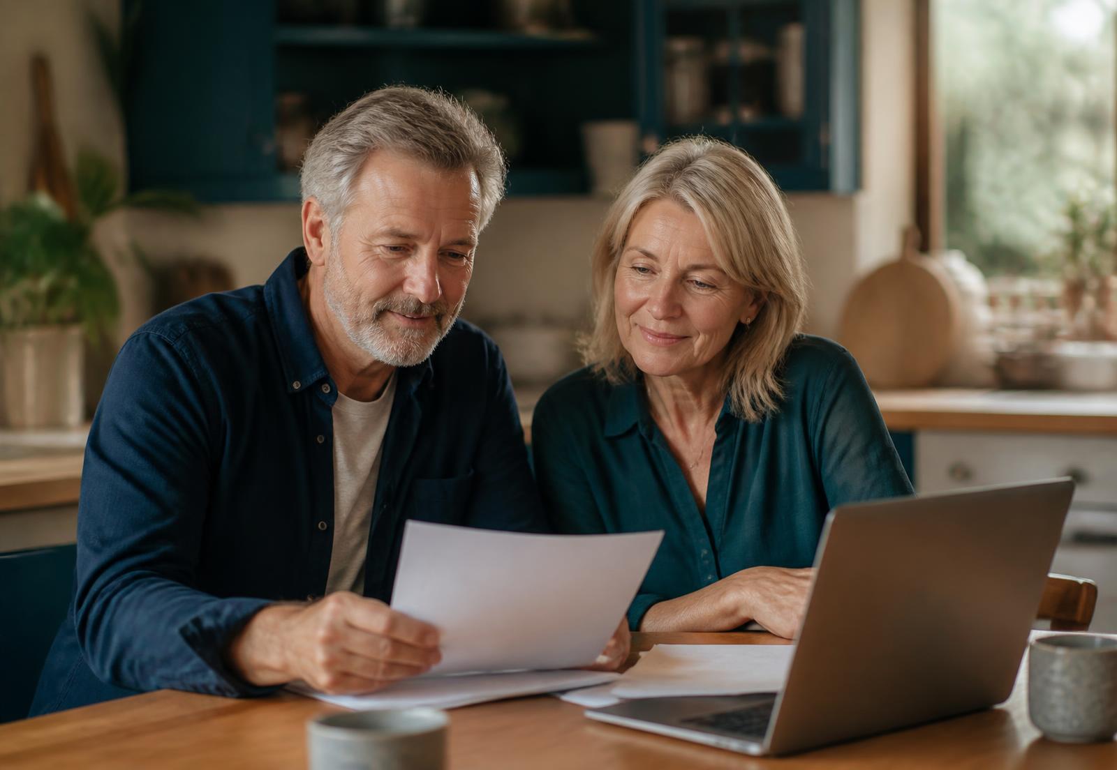 A couple at their kitchen table reviewing superannuation paperwork on a laptop